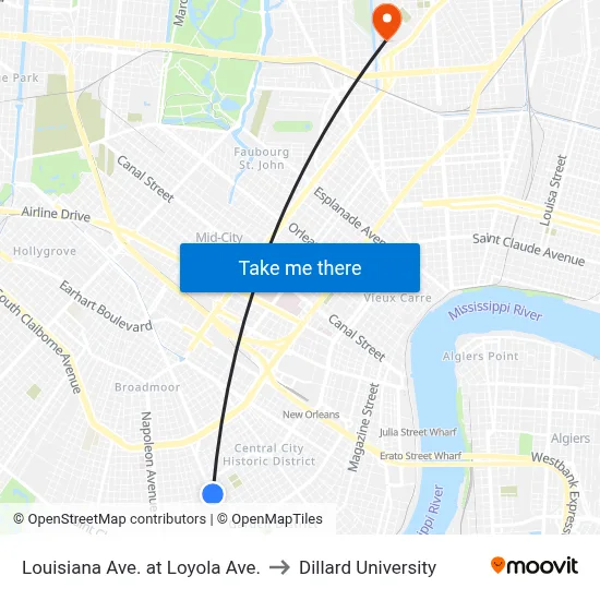 Louisiana Ave. at Loyola Ave. to Dillard University map