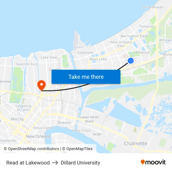 Read at Lakewood to Dillard University map
