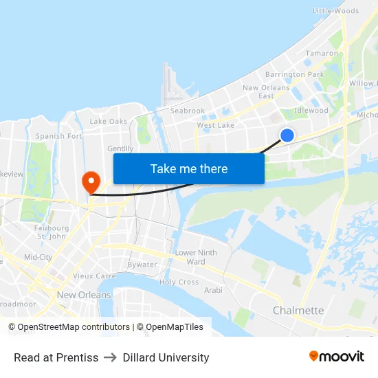 Read at Prentiss to Dillard University map