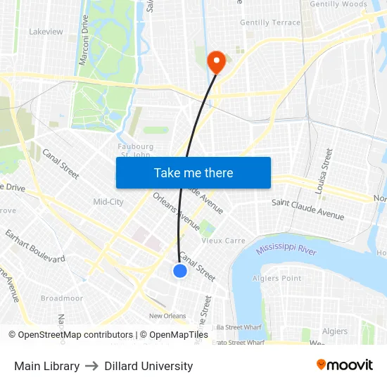 Main Library to Dillard University map