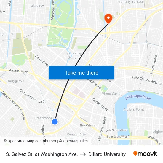 S. Galvez St. at Washington Ave. to Dillard University map