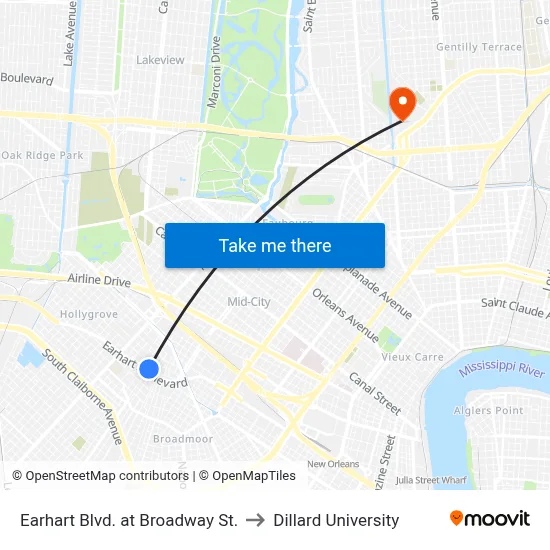 Earhart Blvd. at Broadway St. to Dillard University map