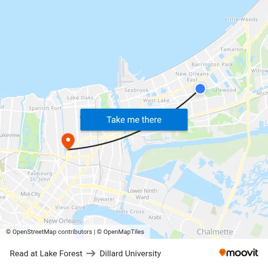 Read at Lake Forest to Dillard University map