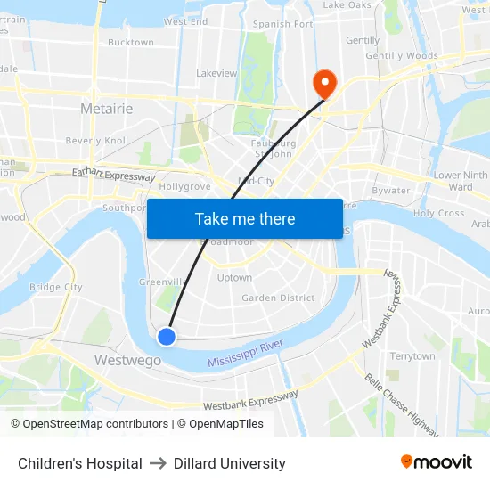 Children's Hospital to Dillard University map