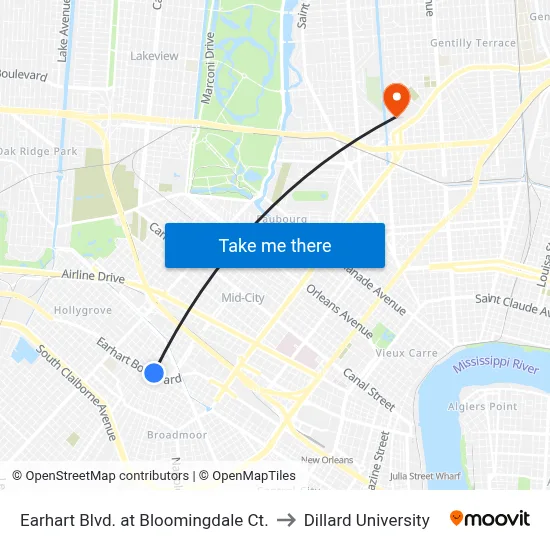 Earhart Blvd. at Bloomingdale Ct. to Dillard University map