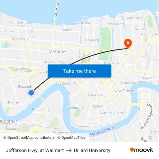 Jefferson Hwy. at Walmart to Dillard University map