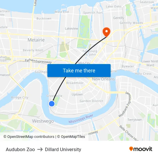 Audubon Zoo to Dillard University map