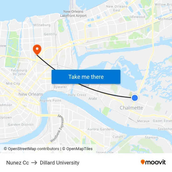 Nunez Cc to Dillard University map