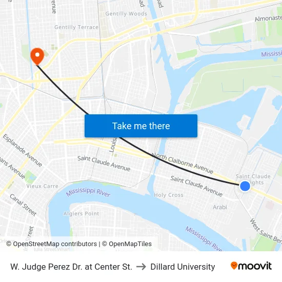 W. Judge Perez Dr. at Center St. to Dillard University map