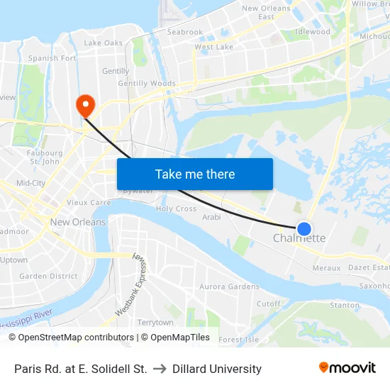 Paris Rd. at E. Solidell St. to Dillard University map