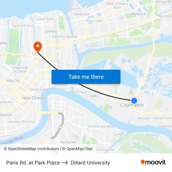 Paris Rd. at Park Plaza to Dillard University map