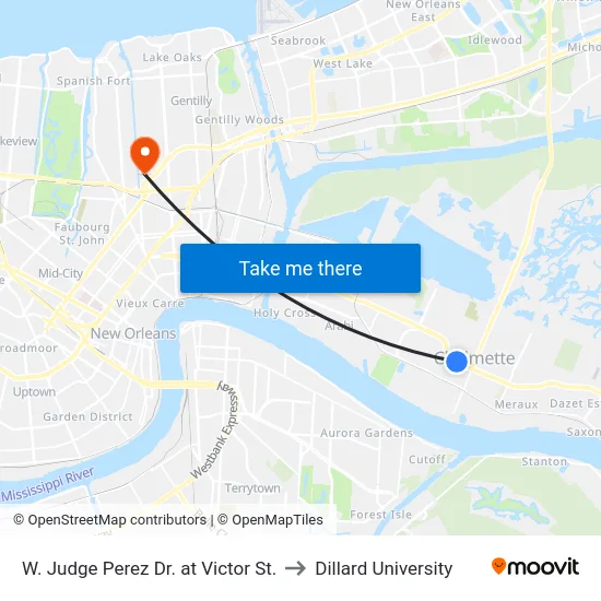 W. Judge Perez Dr. at Victor St. to Dillard University map