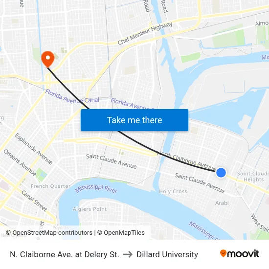N. Claiborne Ave. at Delery St. to Dillard University map