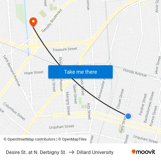 Desire St. at N. Derbigny St. to Dillard University map