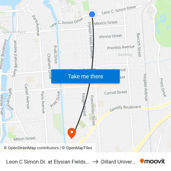 Leon C Simon Dr. at Elysian Fields Ave. to Dillard University map