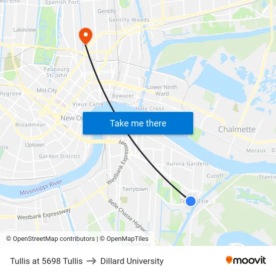 Tullis at 5698 Tullis to Dillard University map