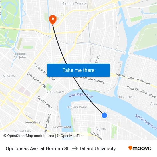 Opelousas Ave. at Herman St. to Dillard University map
