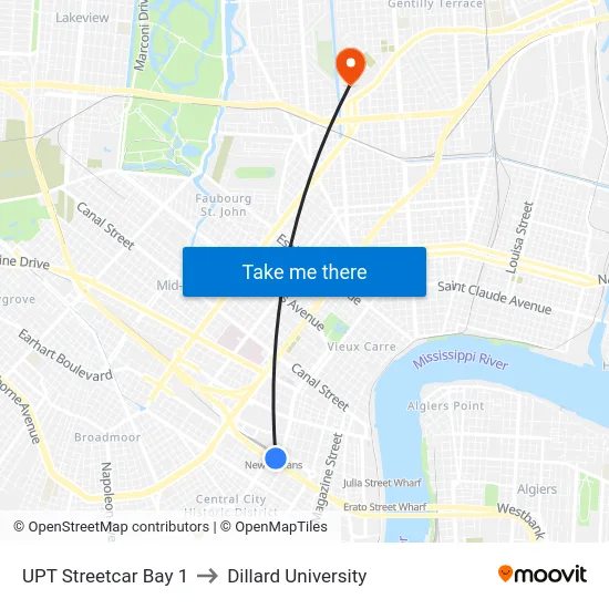 UPT Streetcar Bay 1 to Dillard University map