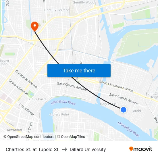 Chartres St. at Tupelo St. to Dillard University map