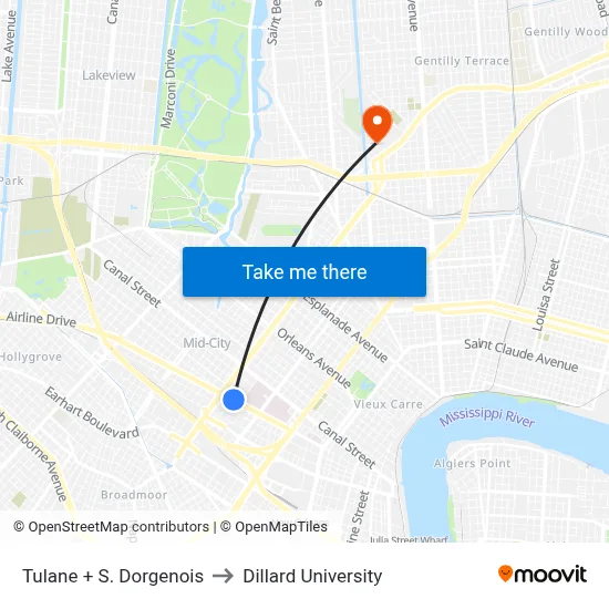 Tulane + S. Dorgenois to Dillard University map
