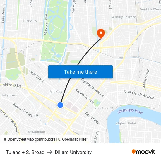 Tulane + S. Broad to Dillard University map