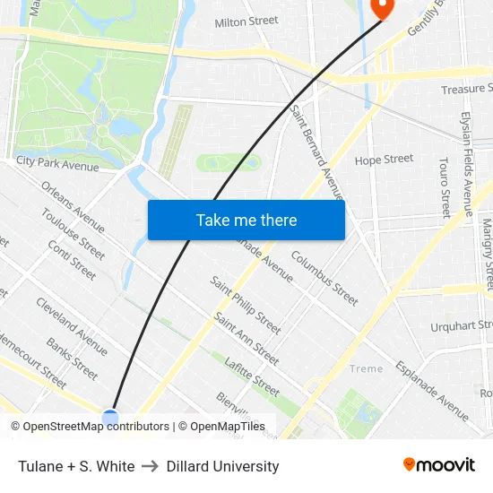 Tulane + S. White to Dillard University map