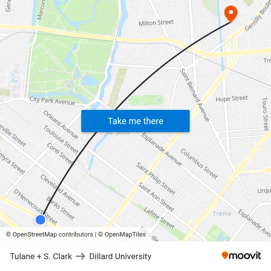Tulane + S. Clark to Dillard University map