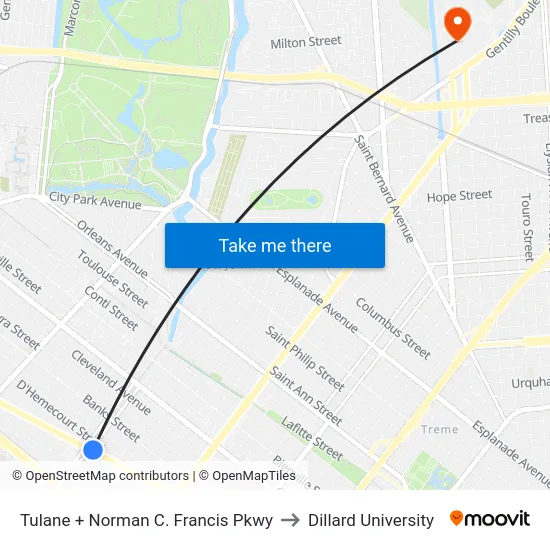 Tulane + Norman C. Francis Pkwy to Dillard University map