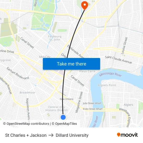 St Charles + Jackson to Dillard University map