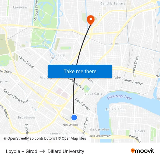 Loyola + Girod to Dillard University map