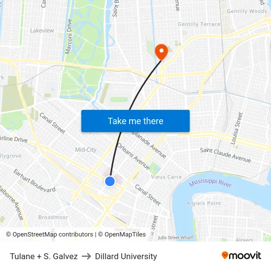 Tulane + S. Galvez to Dillard University map