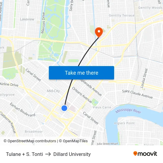 Tulane + S. Tonti to Dillard University map