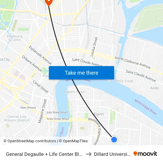 General Degaulle + Life Center Blvd to Dillard University map