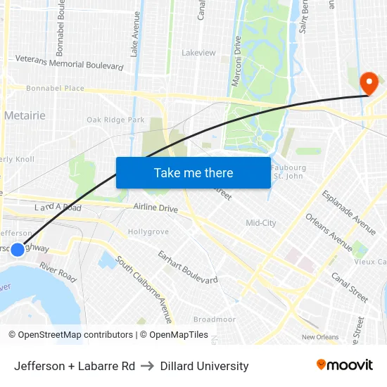Jefferson + Labarre Rd to Dillard University map