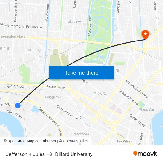 Jefferson + Jules to Dillard University map