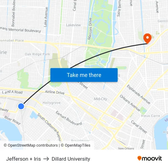 Jefferson + Iris to Dillard University map