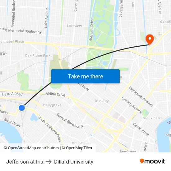 Jefferson at Iris to Dillard University map