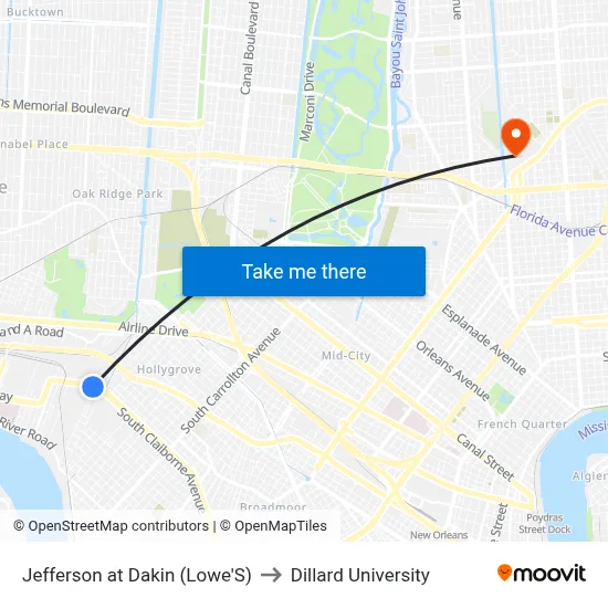 Jefferson at Dakin (Lowe'S) to Dillard University map