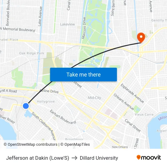 Jefferson at Dakin (Lowe'S) to Dillard University map