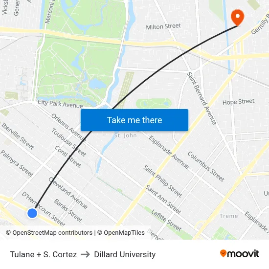 Tulane + S. Cortez to Dillard University map
