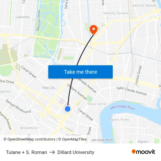 Tulane + S. Roman to Dillard University map