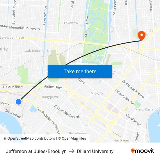 Jefferson at Jules/Brooklyn to Dillard University map