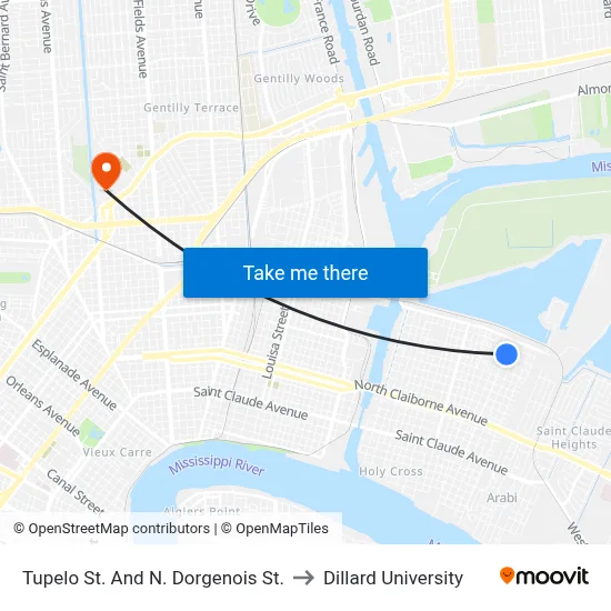 Tupelo St. And N. Dorgenois St. to Dillard University map