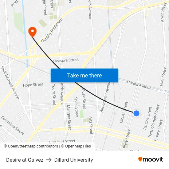 Desire at Galvez to Dillard University map