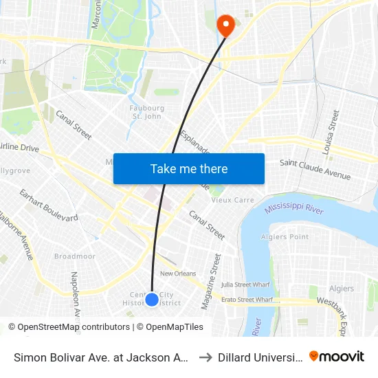 Simon Bolivar Ave. at Jackson Ave. to Dillard University map