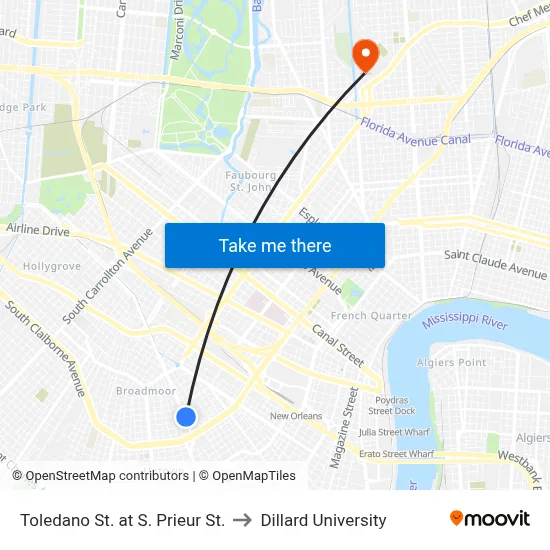 Toledano St. at S. Prieur St. to Dillard University map