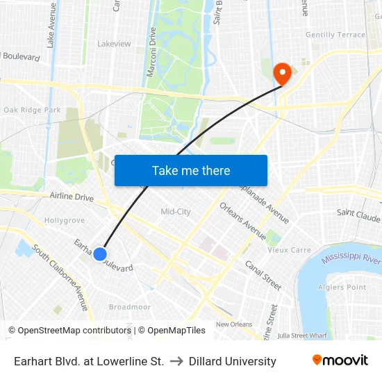Earhart Blvd. at Lowerline St. to Dillard University map