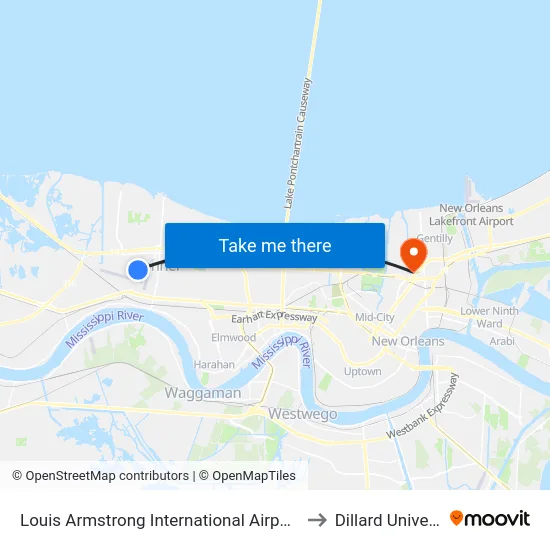 Louis Armstrong International Airport (Msy) to Dillard University map