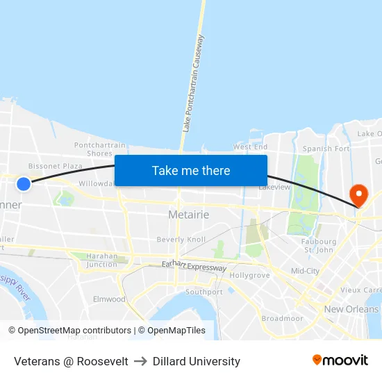 Veterans @ Roosevelt to Dillard University map