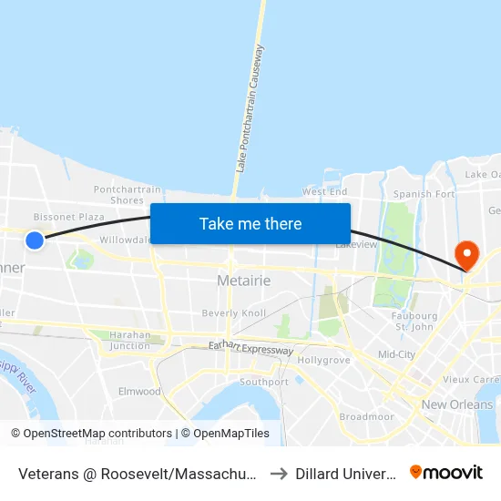 Veterans @ Roosevelt/Massachusetts to Dillard University map